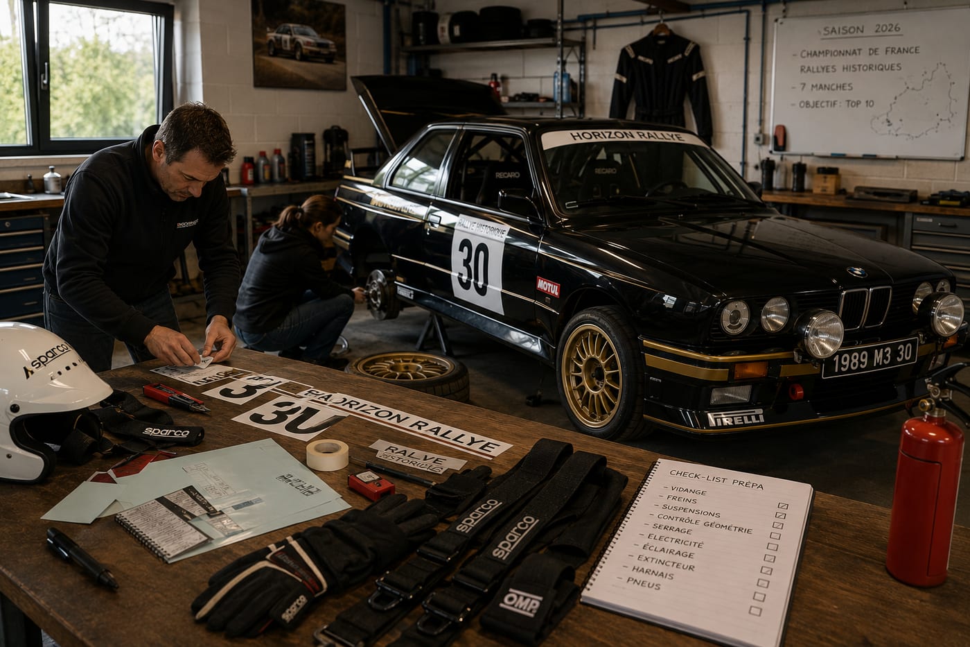 Atelier de préparation d'une BMW M3 de rallye aux couleurs Kmothor : check-list, équipement du pilote et stickers des partenaires.