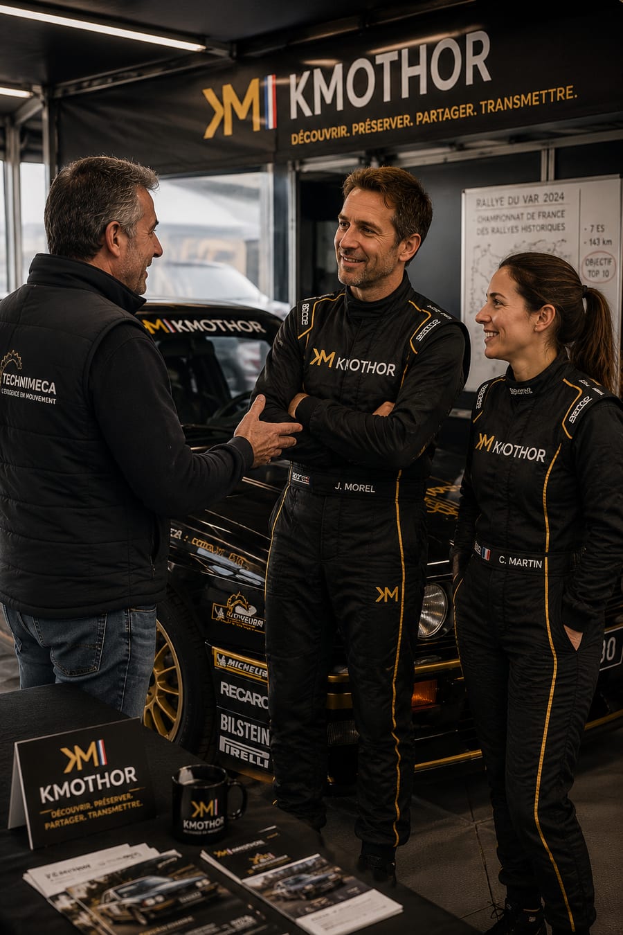 Sous la tente du paddock aux couleurs de la team, l'équipage Kmothor échange avec un dirigeant partenaire.