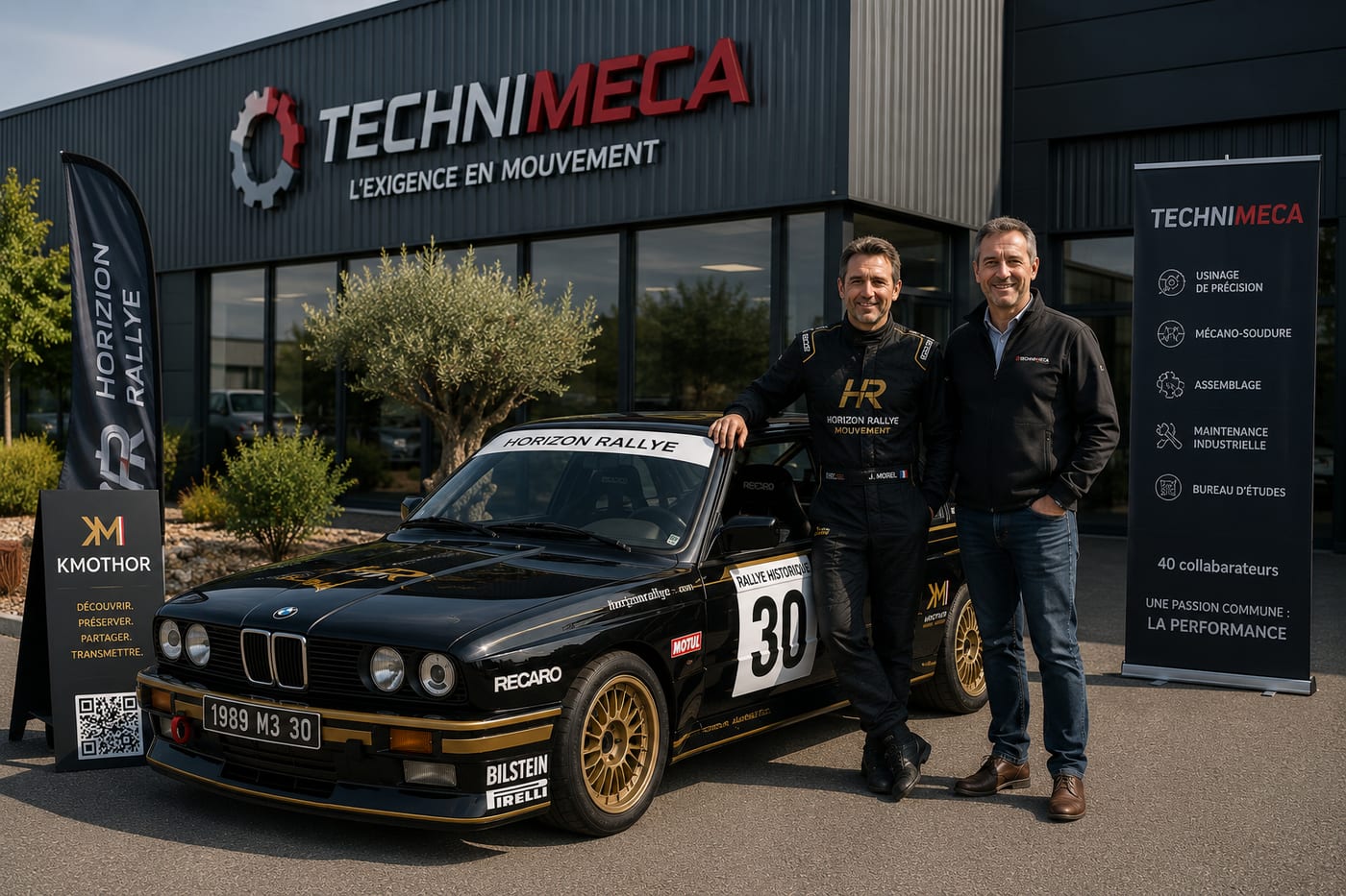 Le pilote et son partenaire posent devant la BMW M3 Horizon Rallye, au pied des locaux de l'entreprise.
