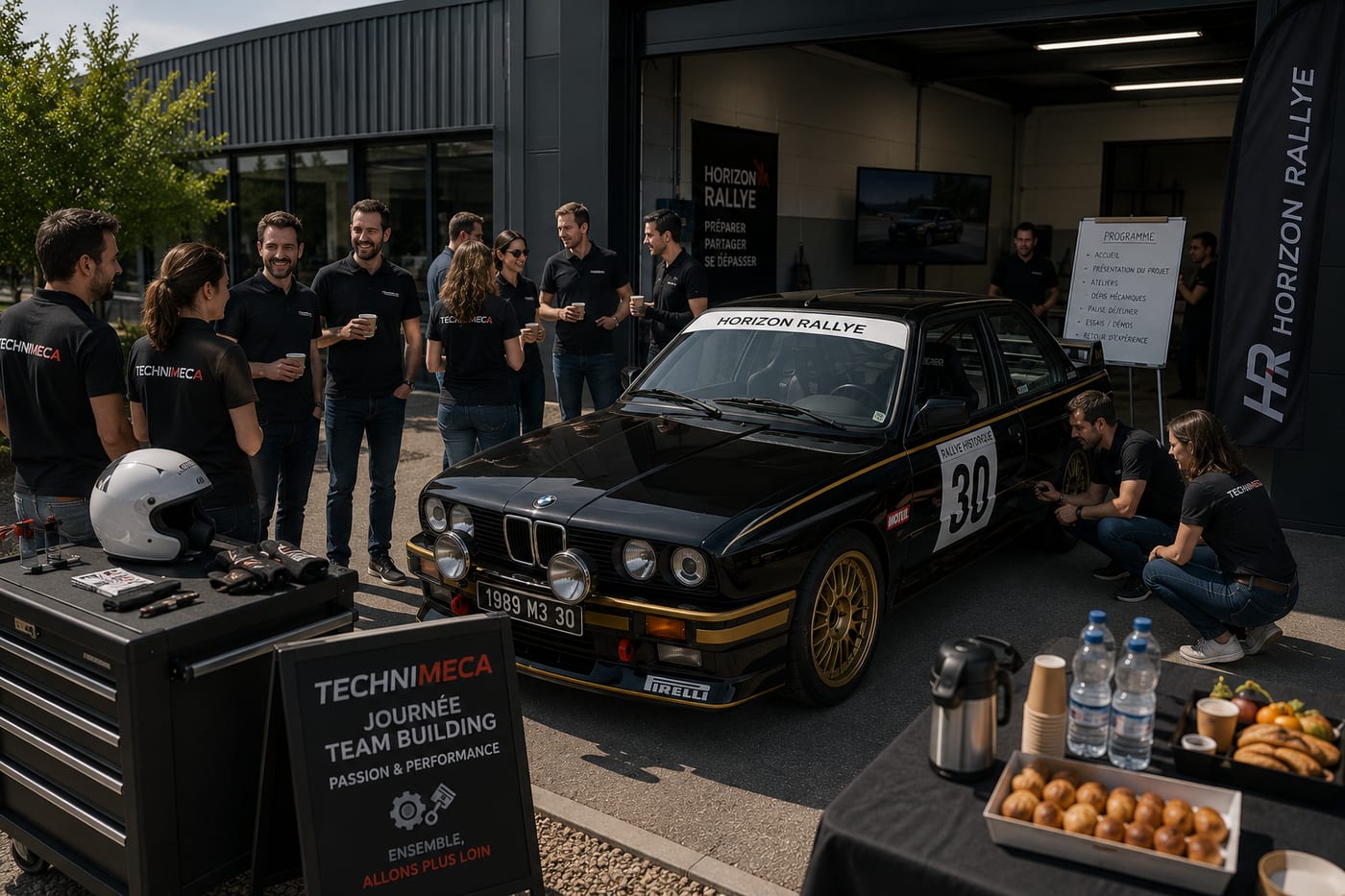 Journée team building d'un partenaire autour de la BMW M3 Horizon Rallye : préparer, partager, se dépasser ensemble.