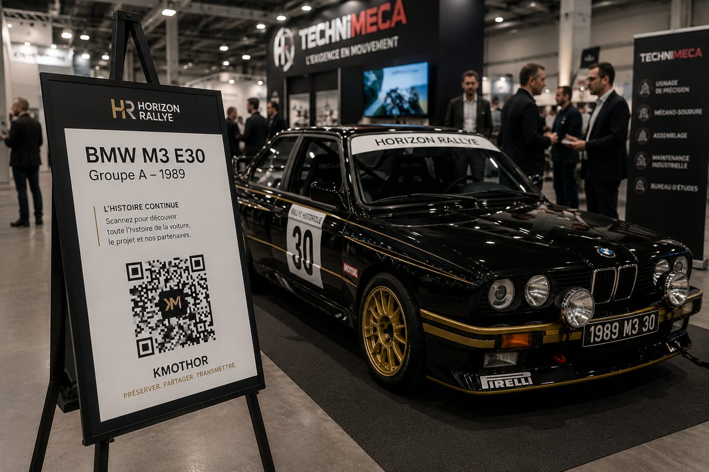 En exposition, un chevalet invite les visiteurs à scanner le QR Code pour découvrir toute l'histoire du véhicule.