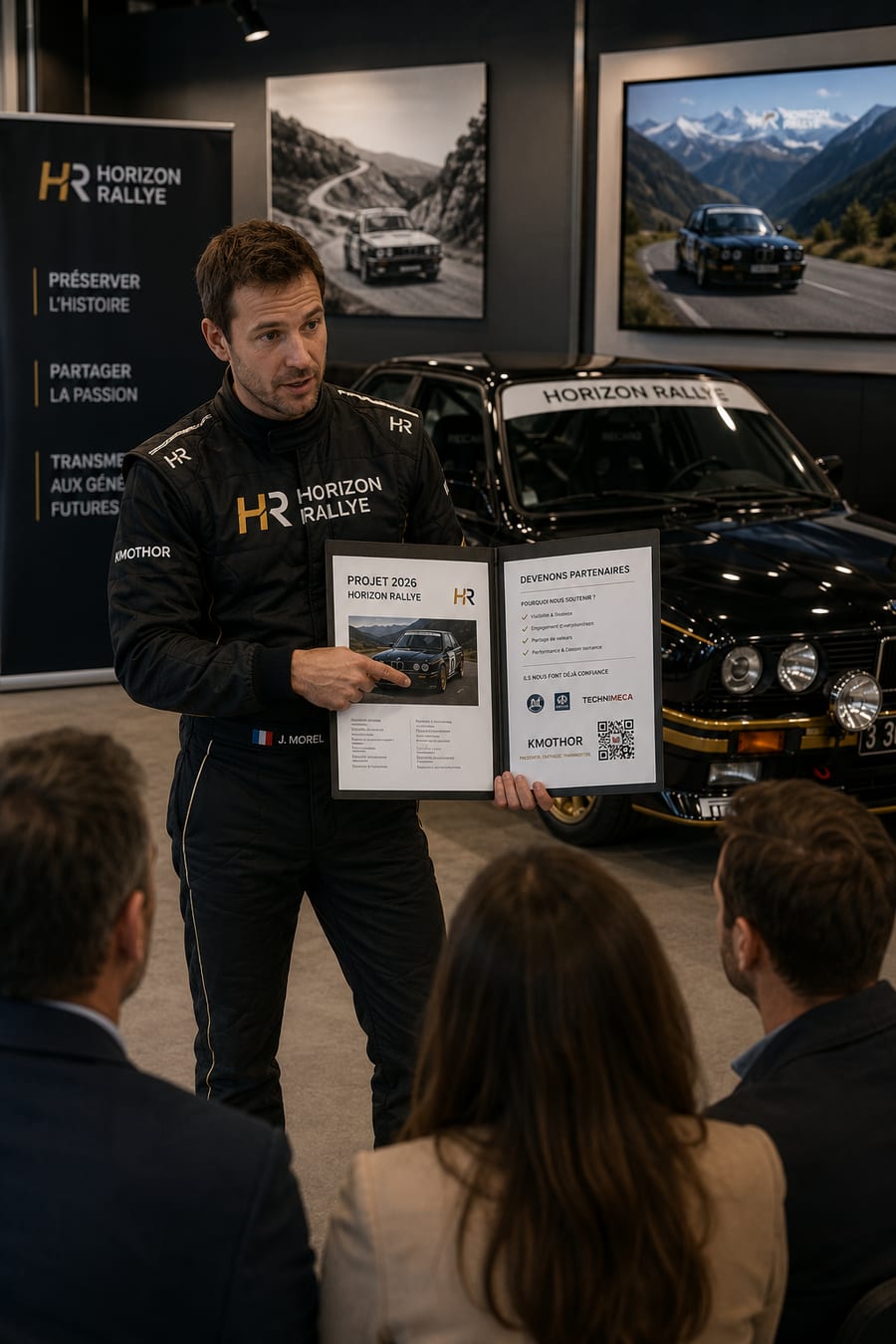 Un pilote présente son dossier partenaire « Projet 2026 » à de futurs sponsors devant la voiture.