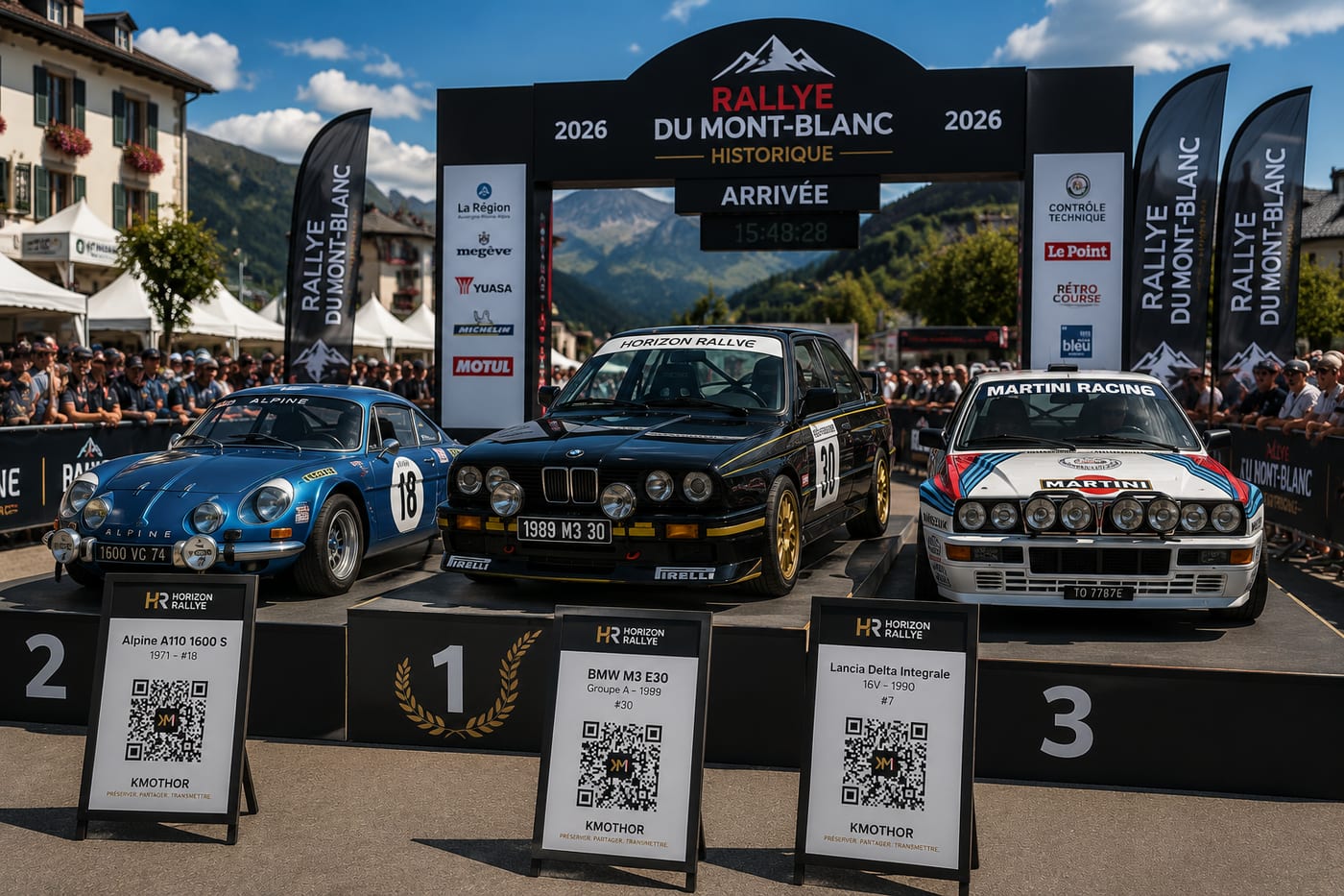 Sur le podium d'arrivée du Rallye du Mont-Blanc Historique, chaque véhicule expose son QR Code Kmothor.