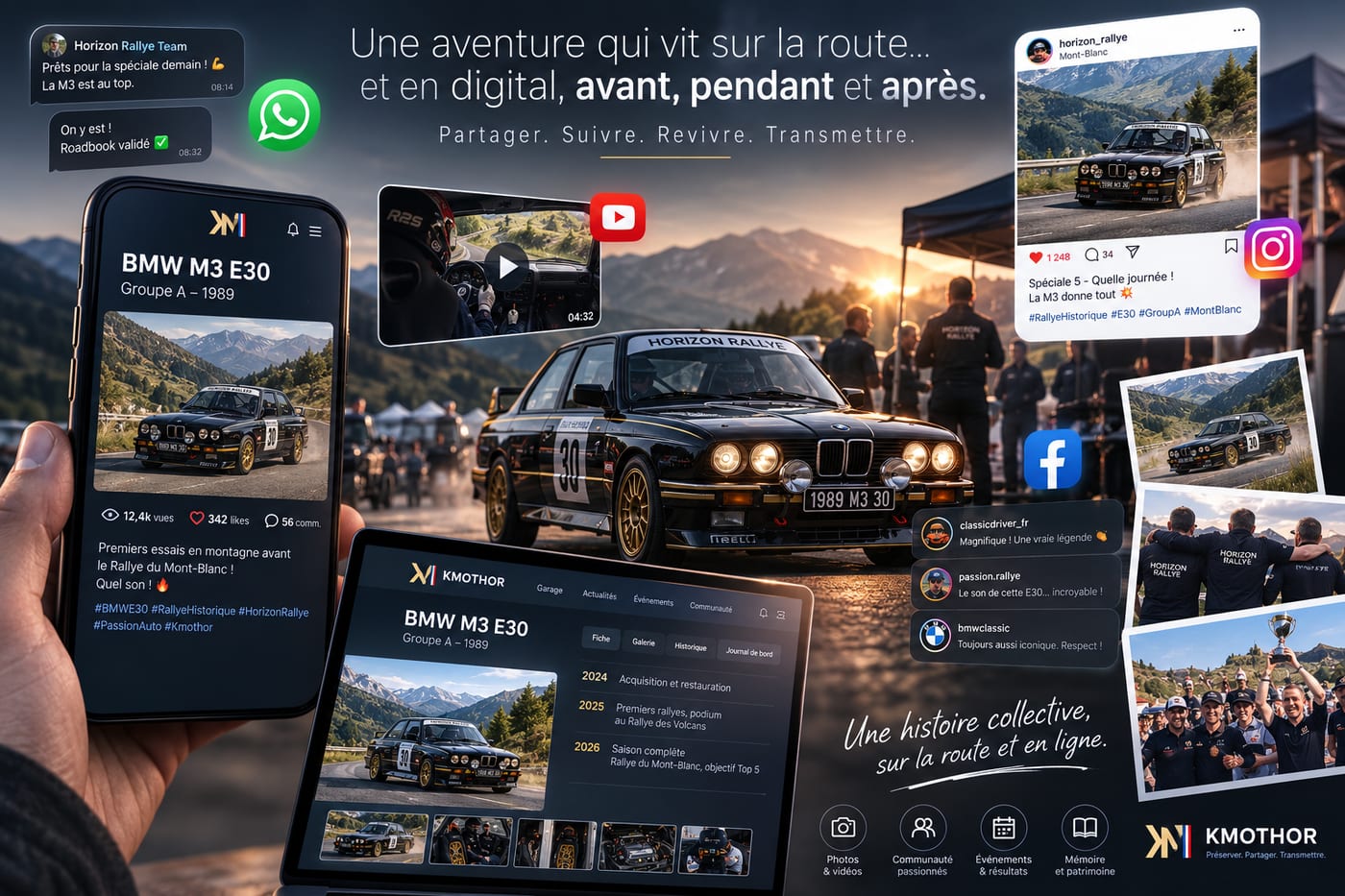 Avant, pendant et après l'épreuve : le projet se prolonge en ligne — page Kmothor, réseaux sociaux, photos et souvenirs partagés.
