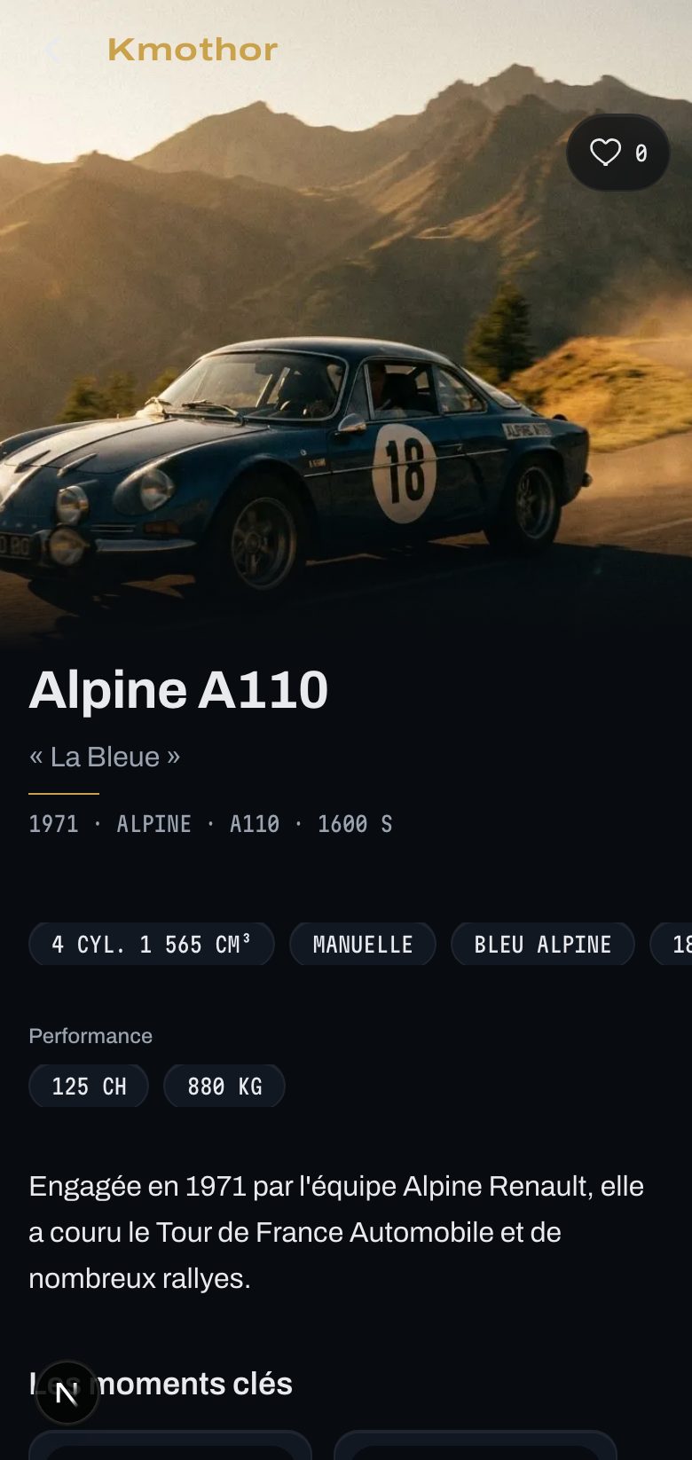Capture d'une fiche Kmothor réelle sur mobile : Alpine A110, fiche technique et description