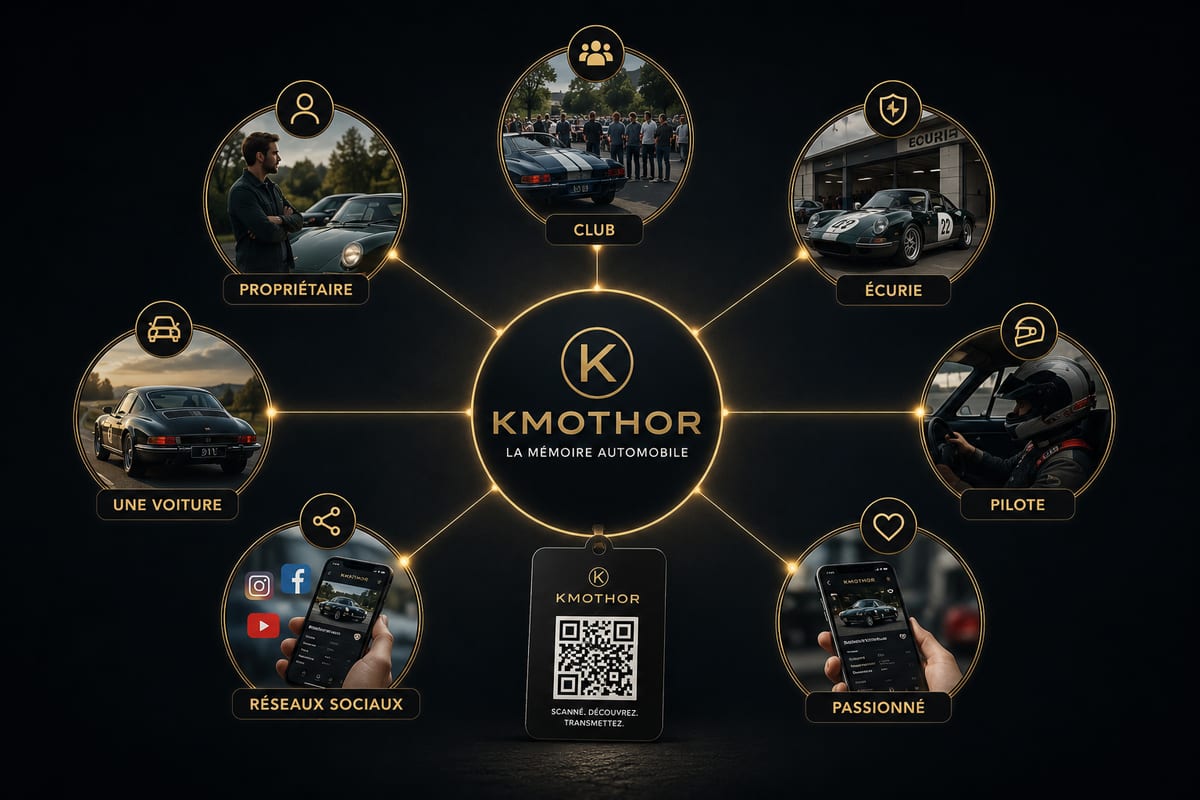 Kmothor au centre d'un écosystème : la voiture, le propriétaire, le club, l'écurie, le pilote, le passionné et les réseaux sociaux, reliés autour de la mémoire automobile.