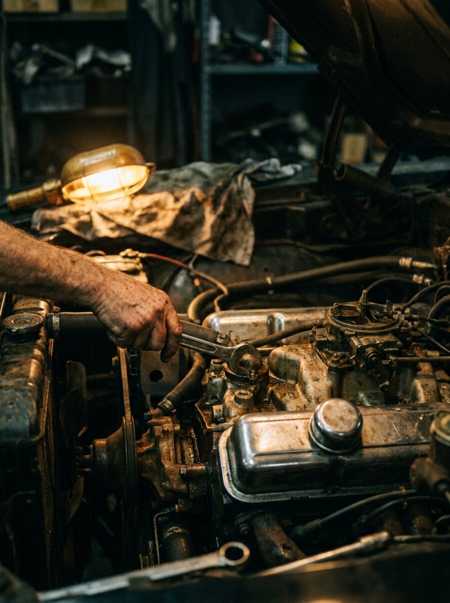 Vignette thématique évoquant la restauration d'un véhicule, univers sombre et doré